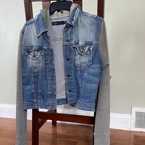 Distressed Denim and Gray Sweatshirt Hood Jacket
Marked “L”but fits like Adult S
